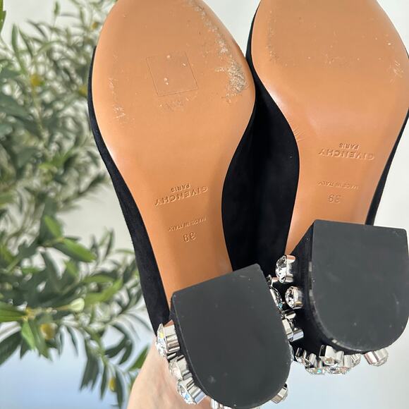 Givenchy Crystal Embellished Open Toe Suede Block Heel Mules Black 39 - Picture 8 of 9